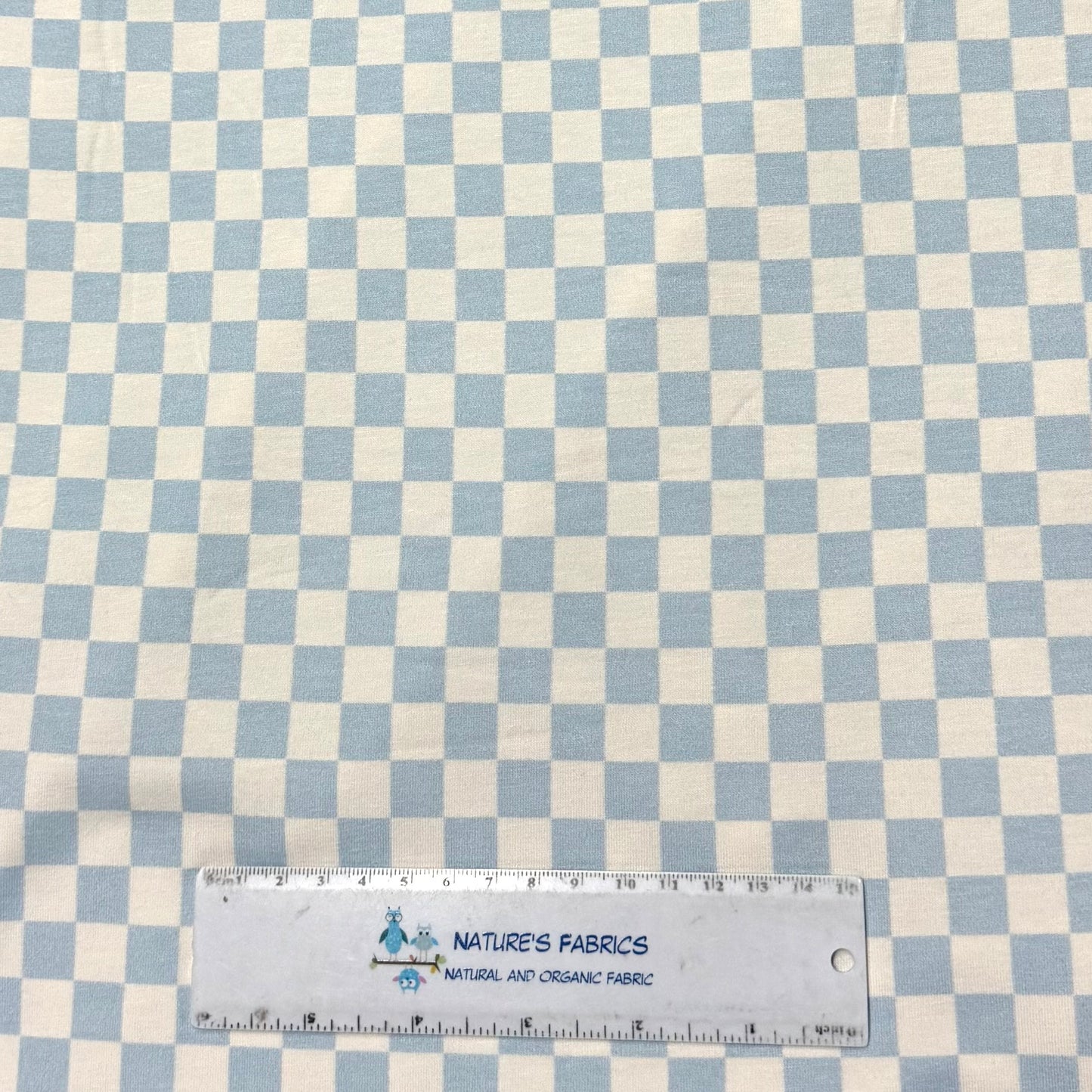 Blue Check on Off White Bamboo/Spandex Jersey Fabric _ Printed in the  USA