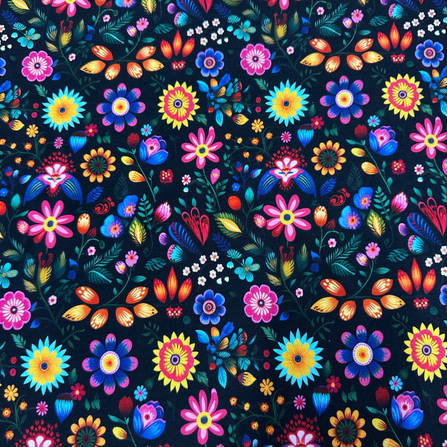 Folk Art Flowers on Bamboo/Spandex Jersey Fabric