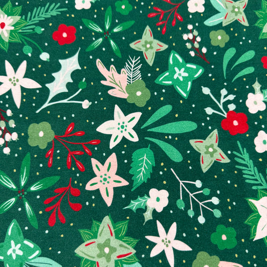 Winter Floral on Green Bamboo/Spandex Jersey Fabric - 200GSM