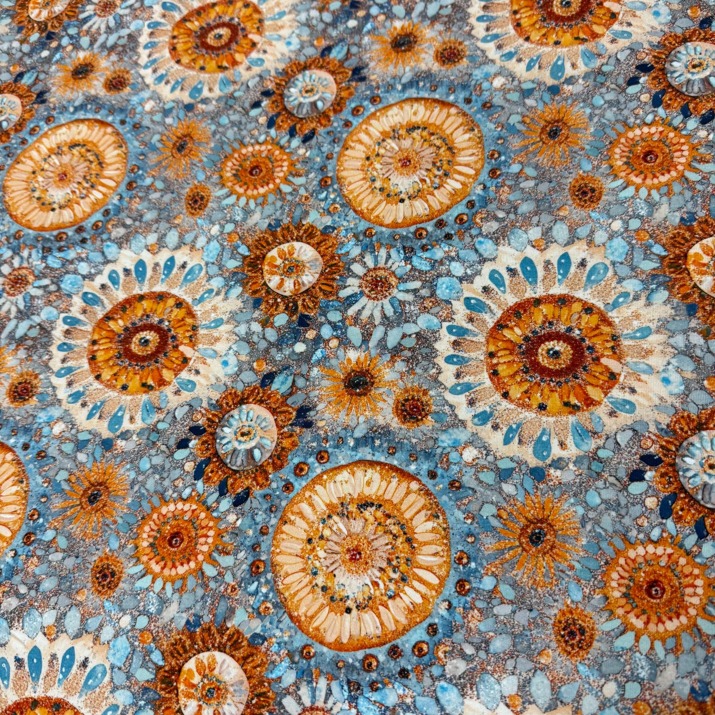 Orange Mandalas on Blue Bamboo/Spandex Jersey Fabric