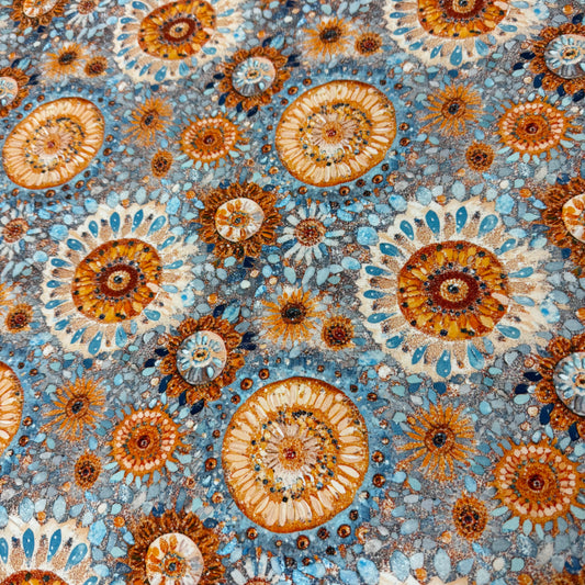 Orange Mandalas on Blue Organic Cotton/Spandex Jersey Fabric