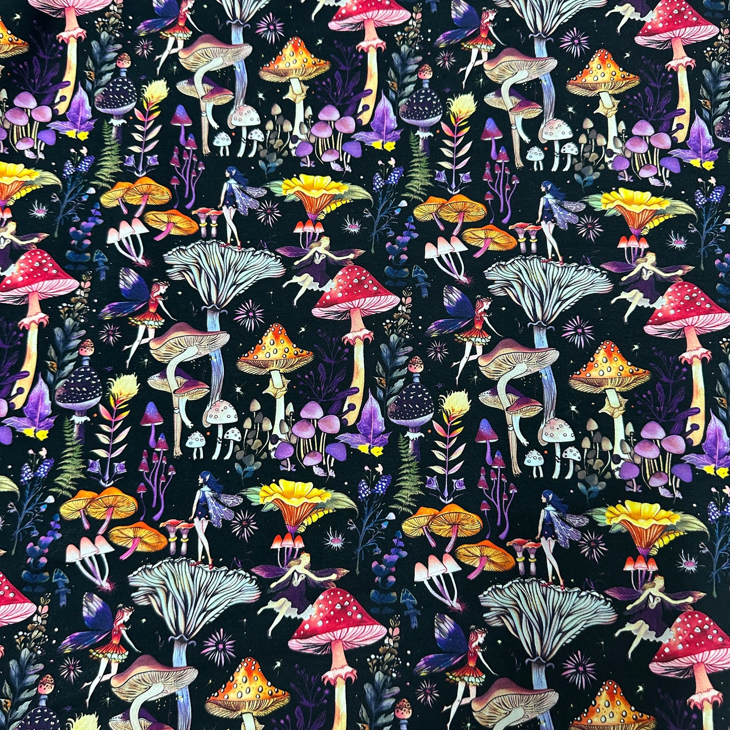 Mushroom Fairies on Bamboo/Spandex Jersey Fabric