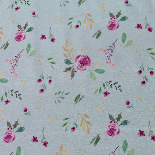 Winter Roses on Teal Bamboo/Spandex Jersey Fabric - Printed in the USA