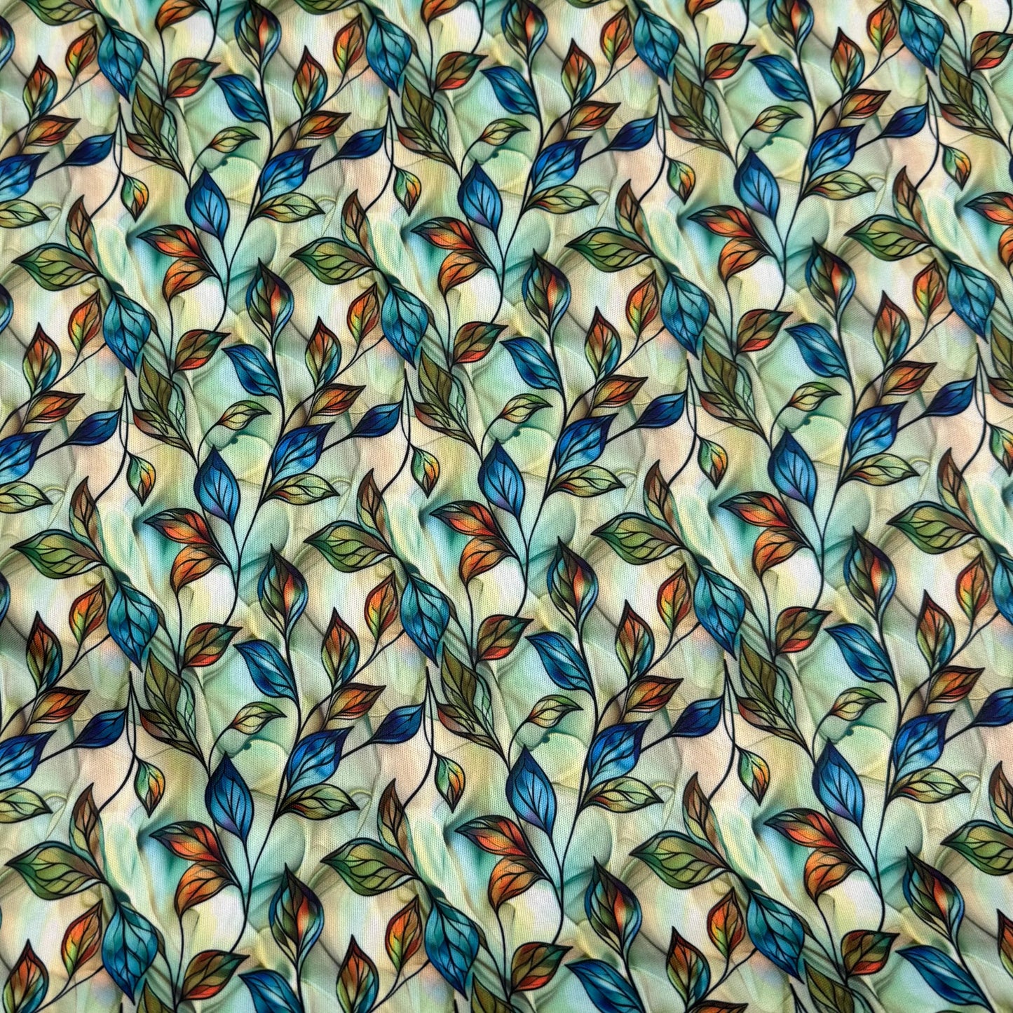 Copper, Blue and Green Leaves Alcohol Ink 1 mil PUL Fabric - Made in the USA