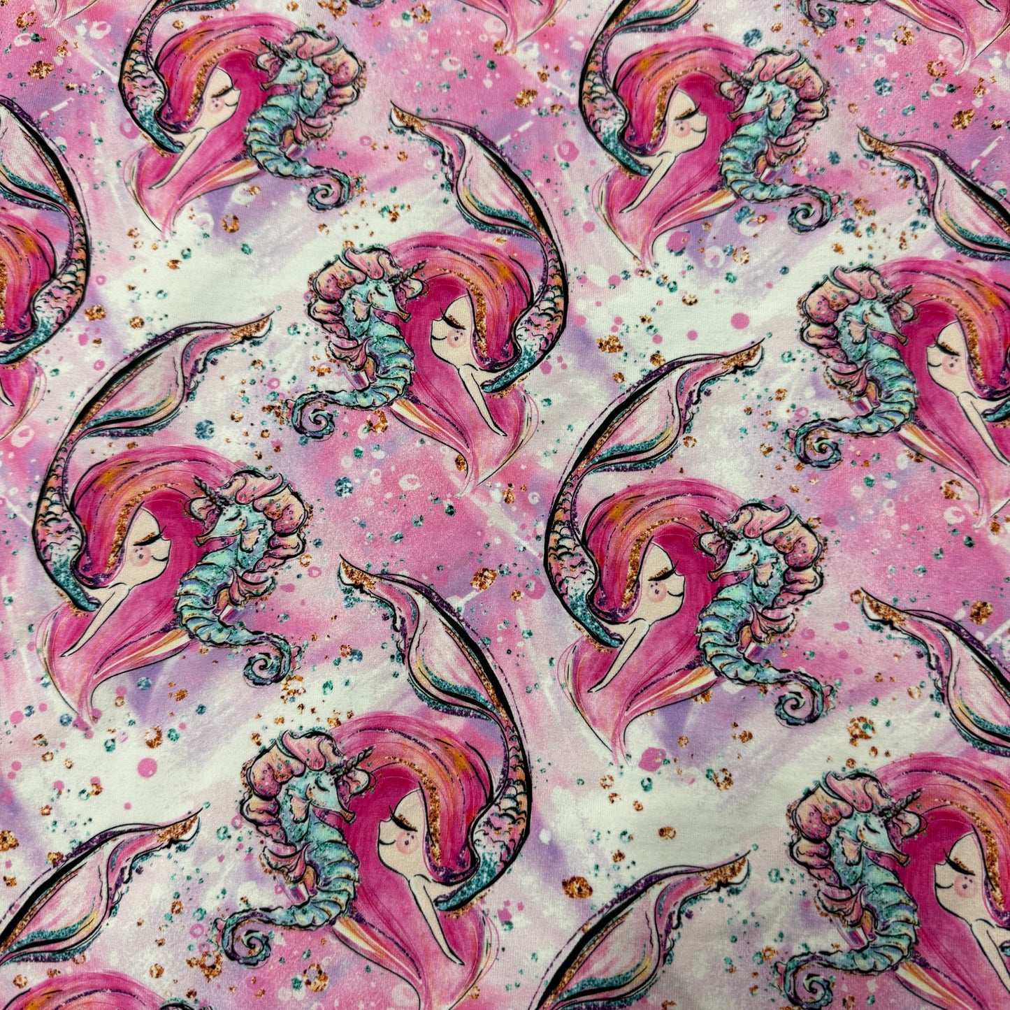 Mermaid and her Seahorse on Cotton/Spandex Jersey Fabric