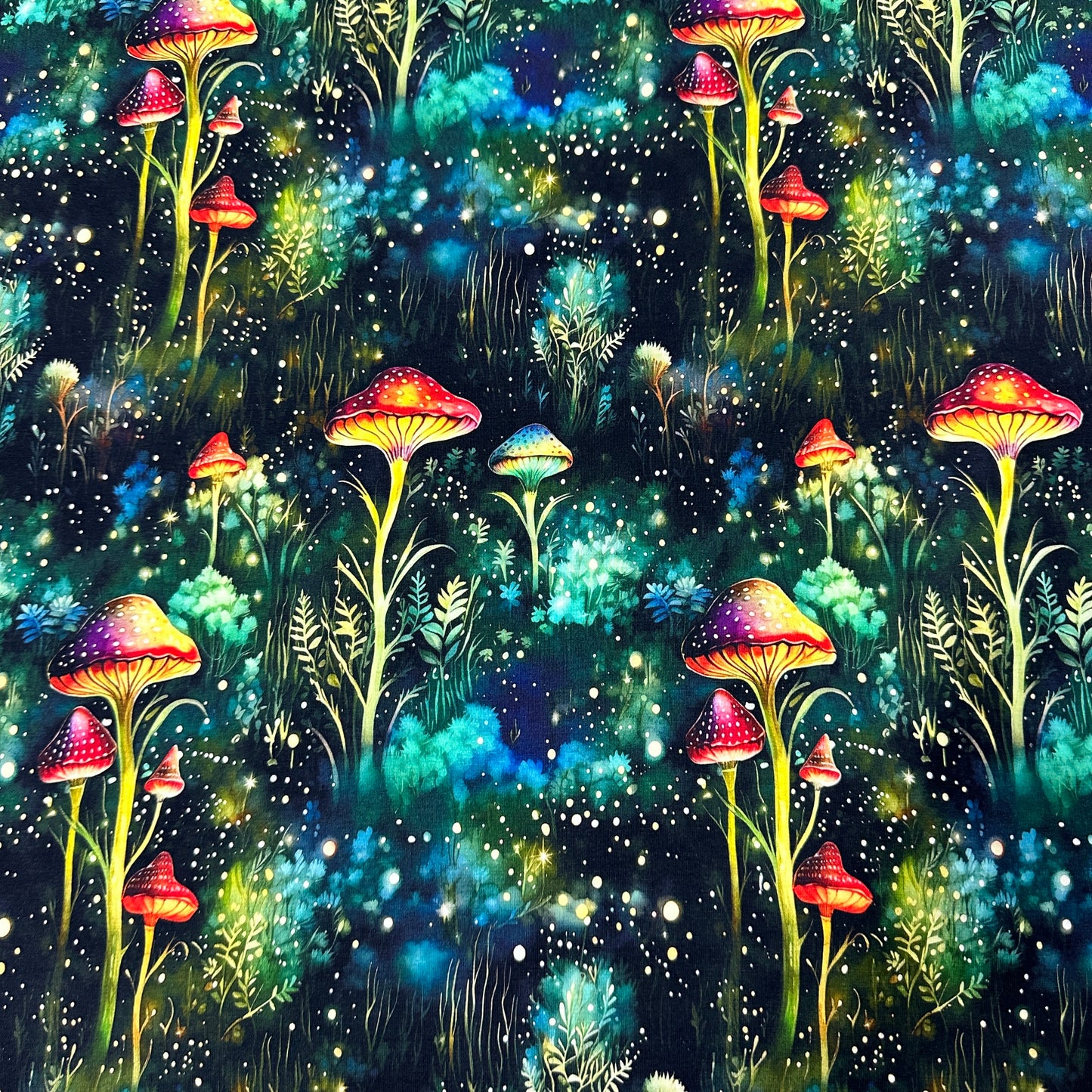 Mystical Mushrooms on Bamboo/Spandex Jersey Fabric