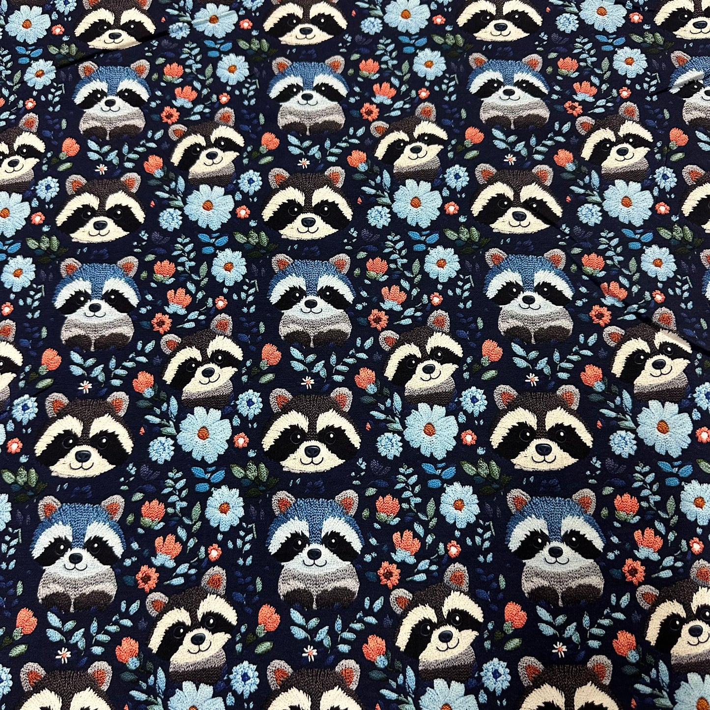 Embroidered Raccoons on Blue Bamboo Stretch French Terry Fabric