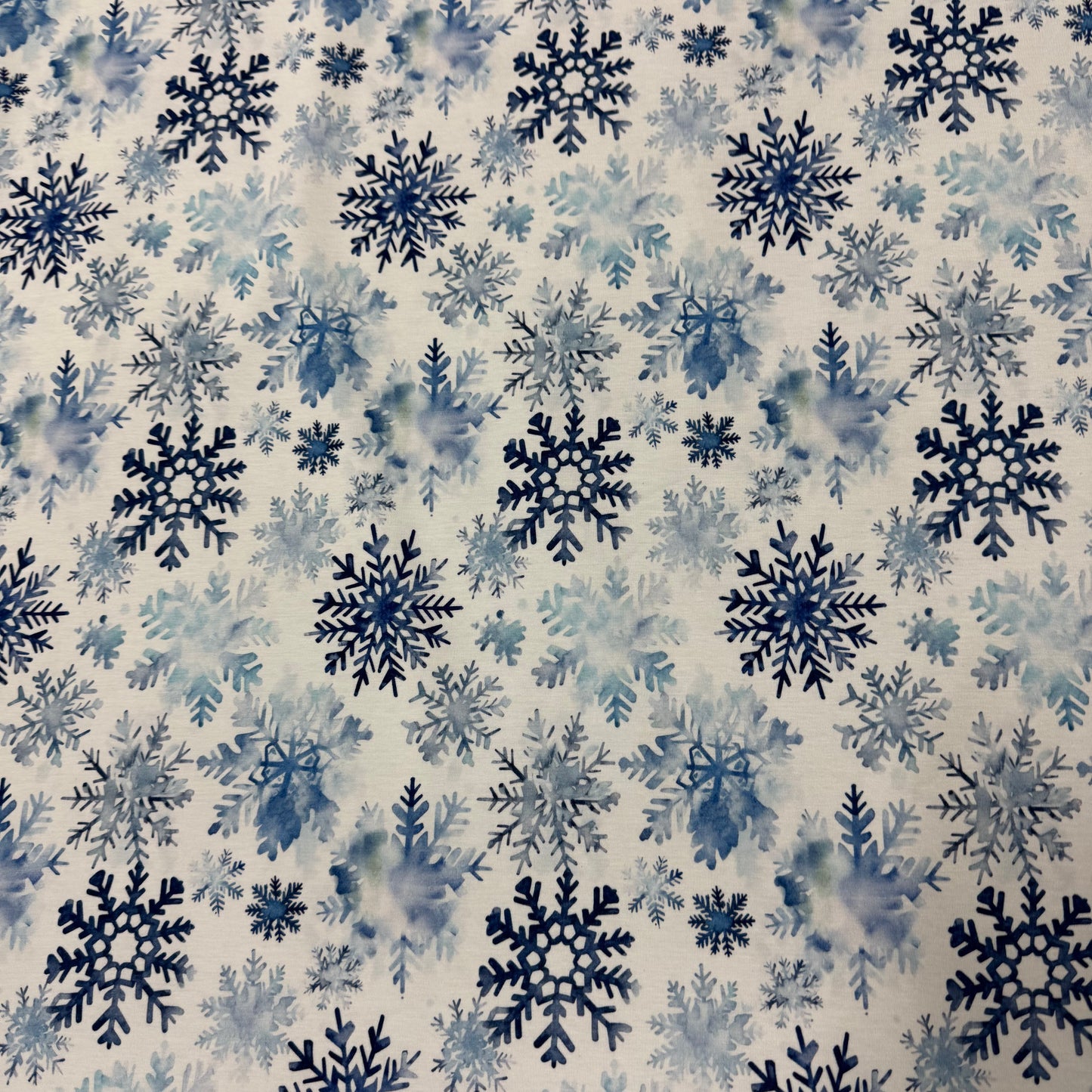 Blue Snowflakes on White Bamboo/Spandex Jersey Fabric