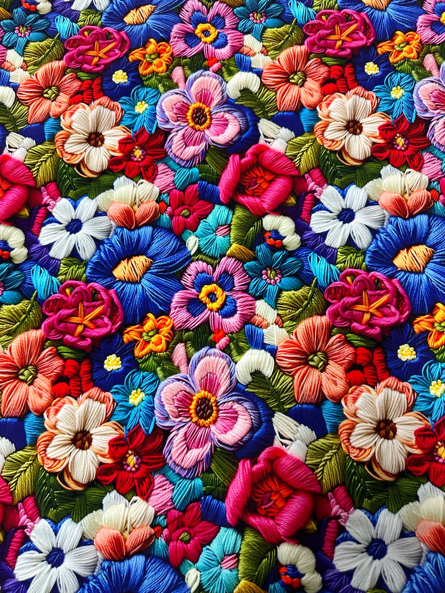 Embroidered Bright Flowers on Bamboo/Spandex Jersey Fabric