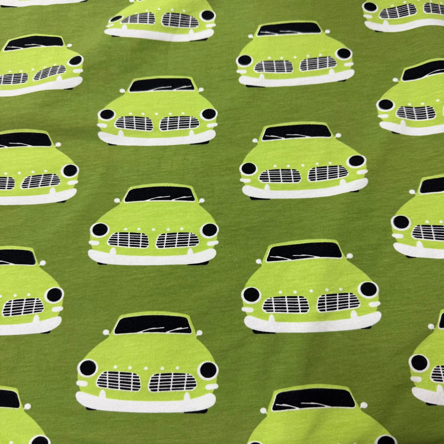 Green Vintage Cars on Green Organic Cotton/Spandex Jersey Fabric