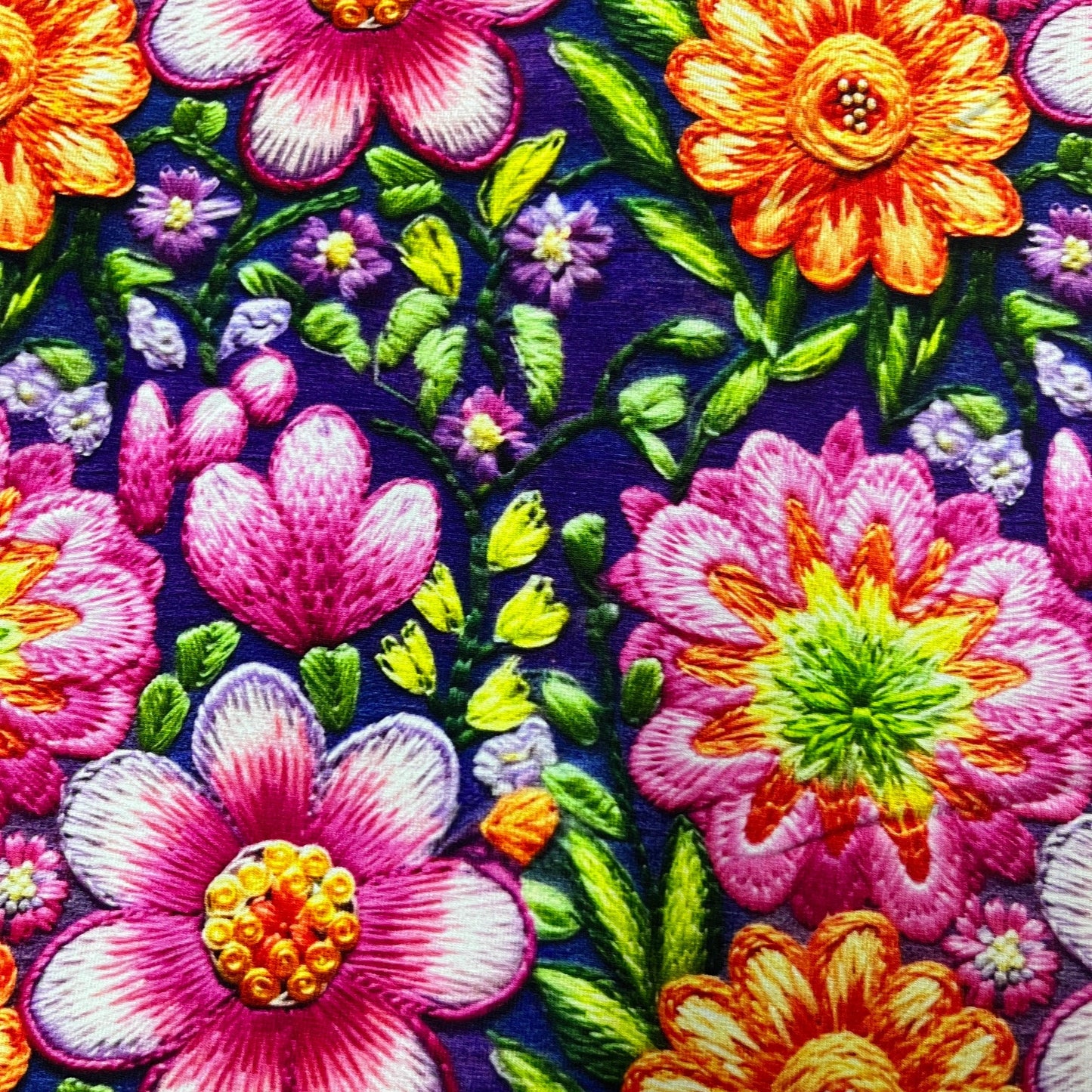 Embroidered Pink Floral on  Organic Cotton/Spandex Jersey Fabric