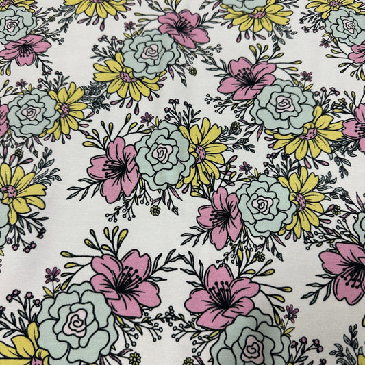 Pastel Flowers on Pink Bamboo/Spandex Jersey Fabric