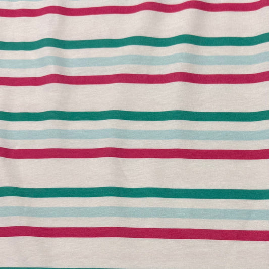 Blue, Jade, and Hot Pink Stripes on Off White Bamboo/Spandex Jersey Fabric - Printed in the USA
