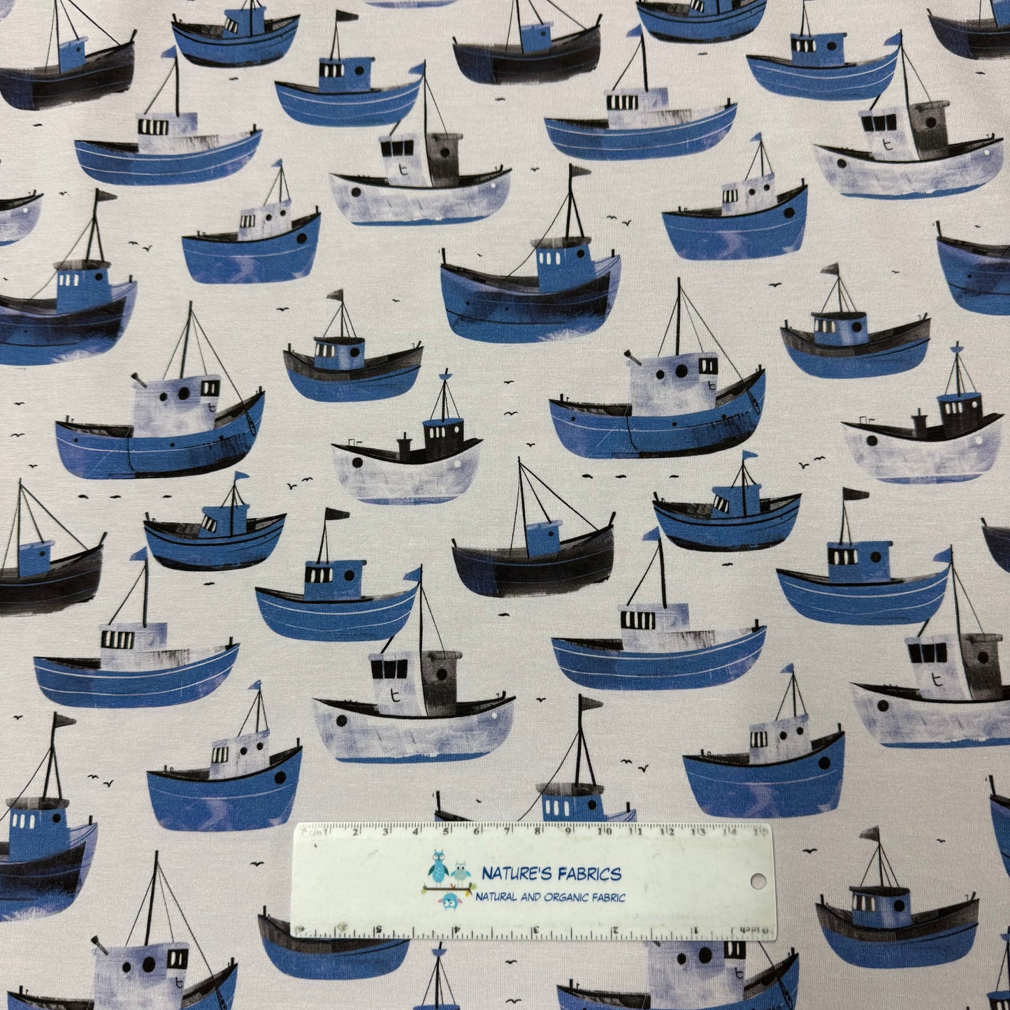 Blue Boats on Bamboo/Spandex Jersey Fabric