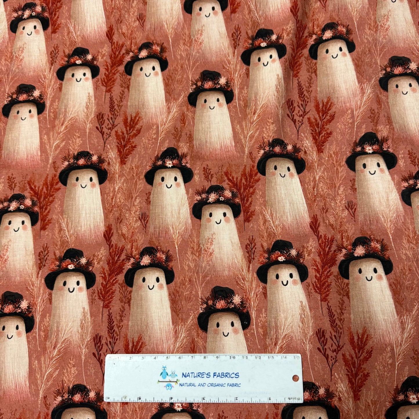 Ghosts with Hats on Bamboo/Spandex Jersey Fabric