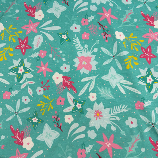 Winter Flowers on Teal Bamboo/Spandex Jersey Fabric - Printed in the USA