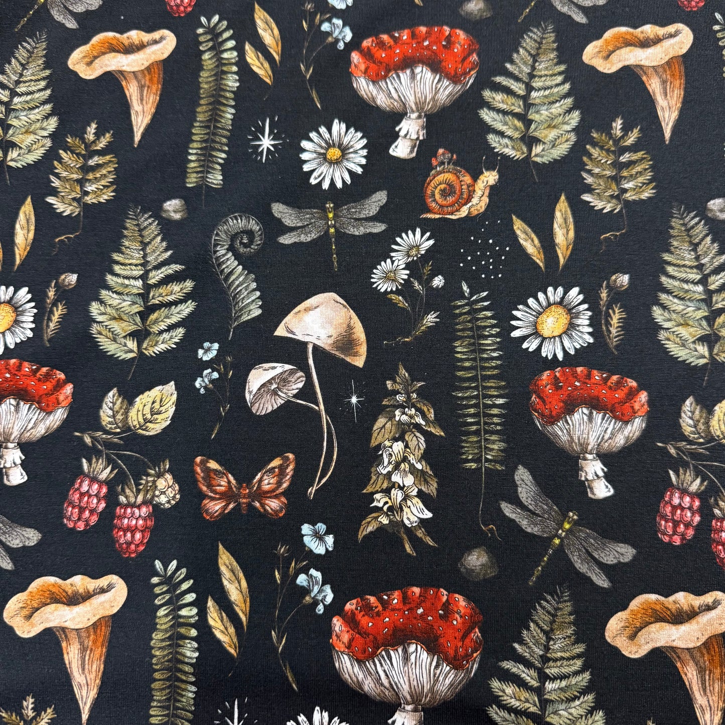 Flora and Fauna on Black Bamboo/Spandex Jersey Fabric