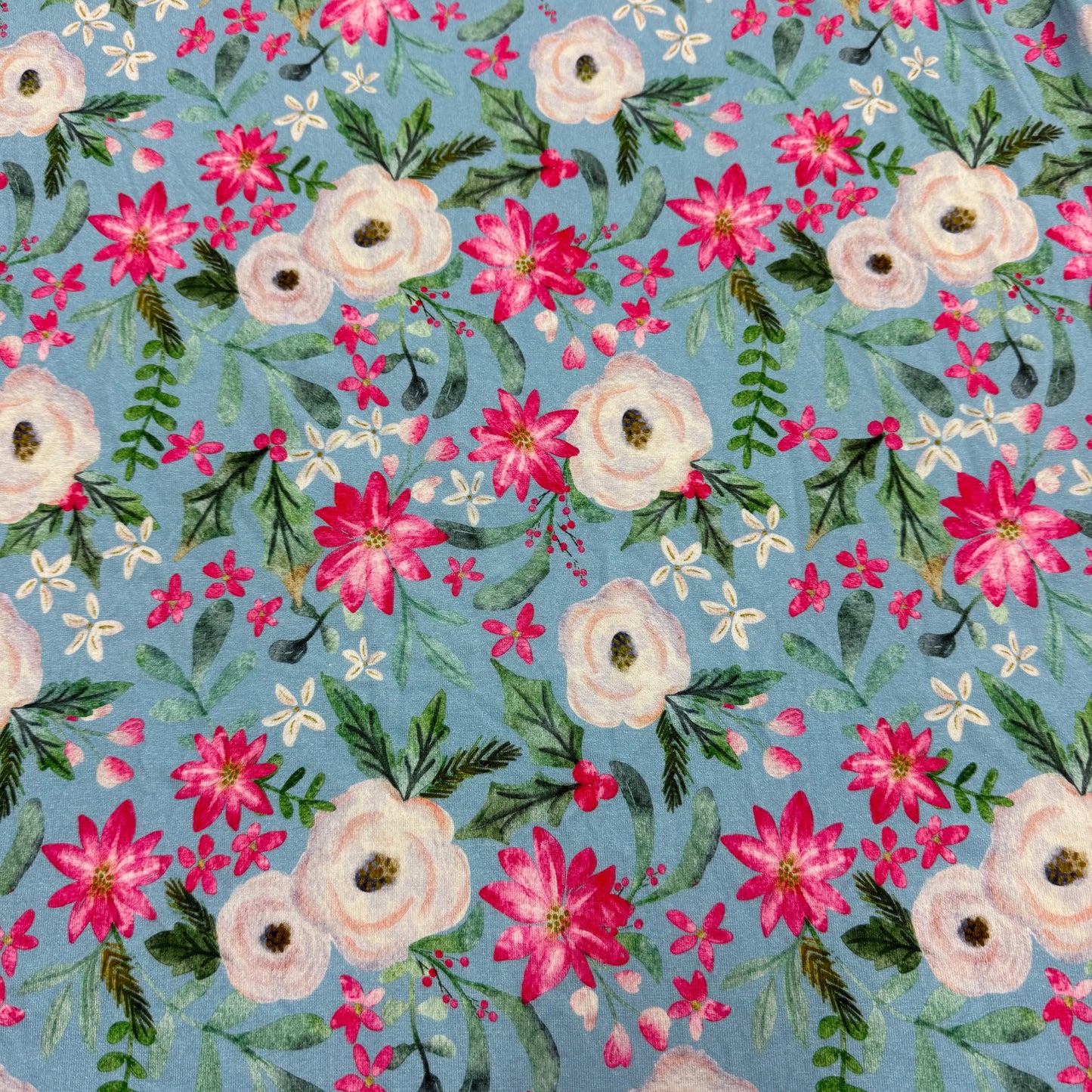Holiday Flowers on Blue Bamboo/Spandex Jersey Fabric - 200 GSM