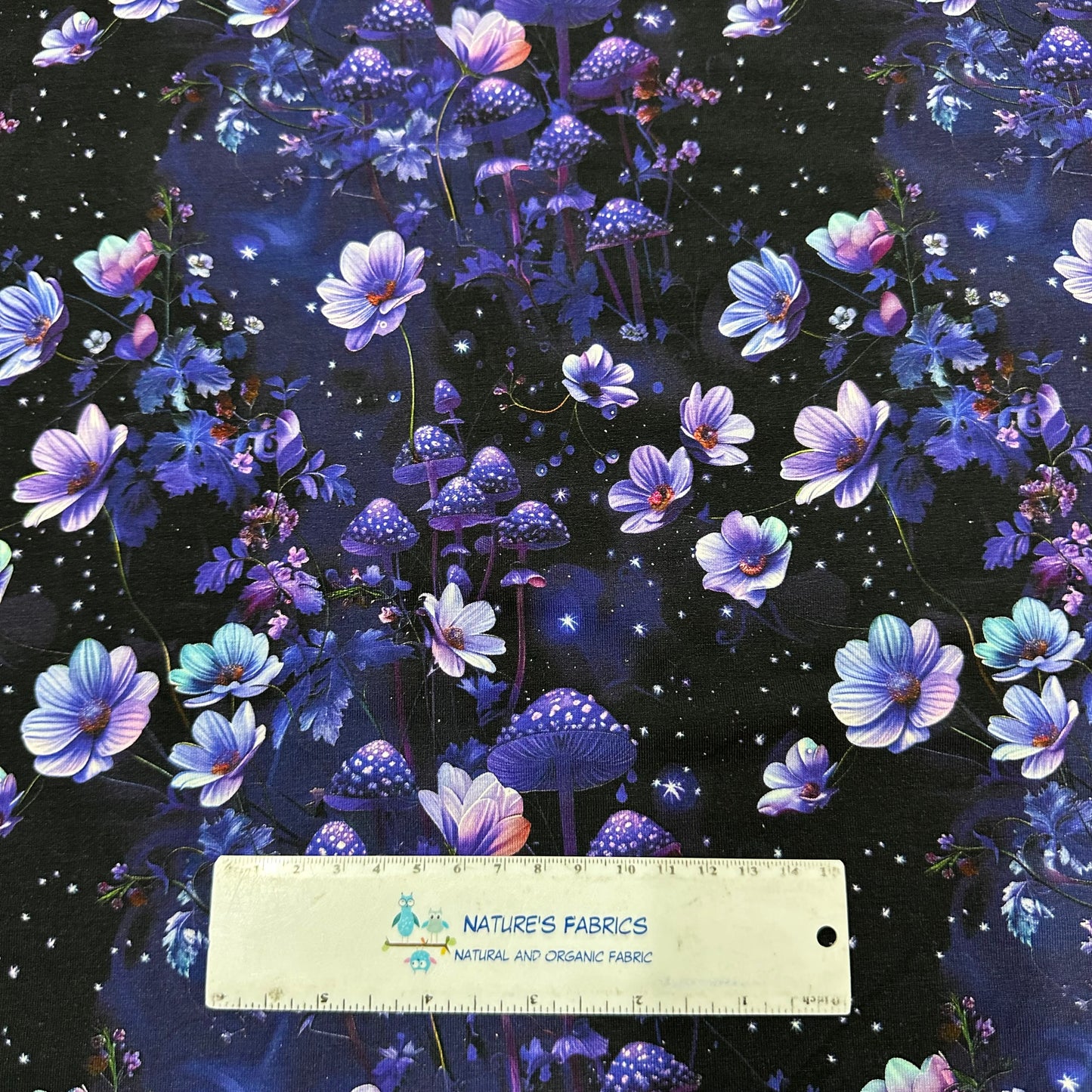 Purple Starry Mushroom Garden on Bamboo/Spandex Jersey Fabric