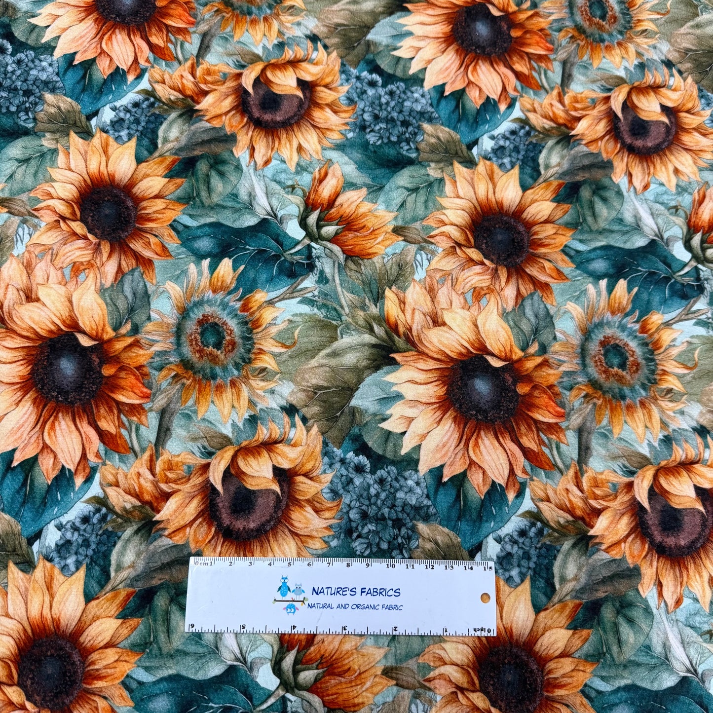 Sunflowers on Teal Bamboo/Spandex Jersey Fabric