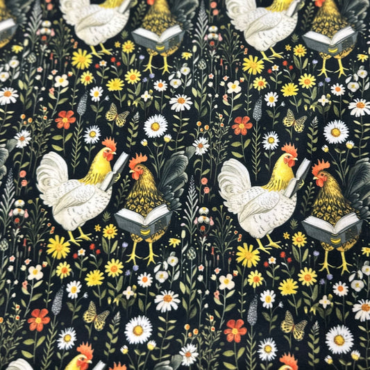 Reading Chickens on Black Floral 1 mil PUL Fabric - Made in the USA