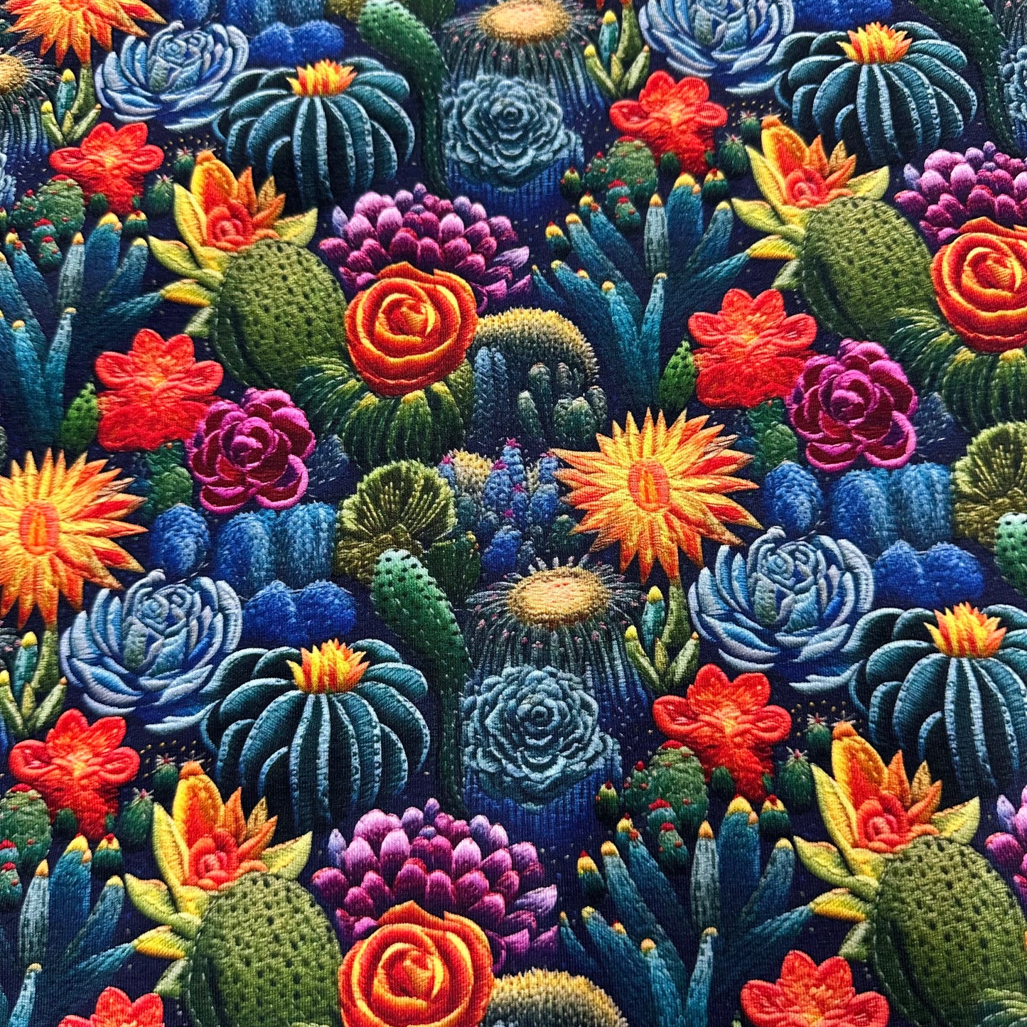 Embroidered Cactus Garden on Bamboo/Spandex Jersey Fabric