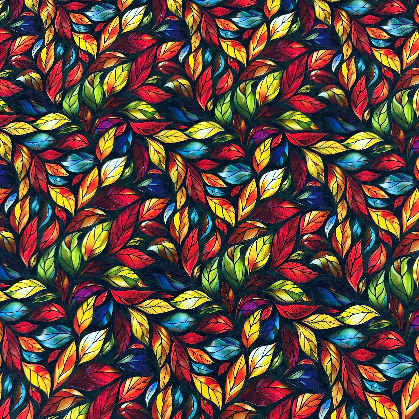 Stained Glass Red Leaves on Bamboo/Spandex Jersey Fabric