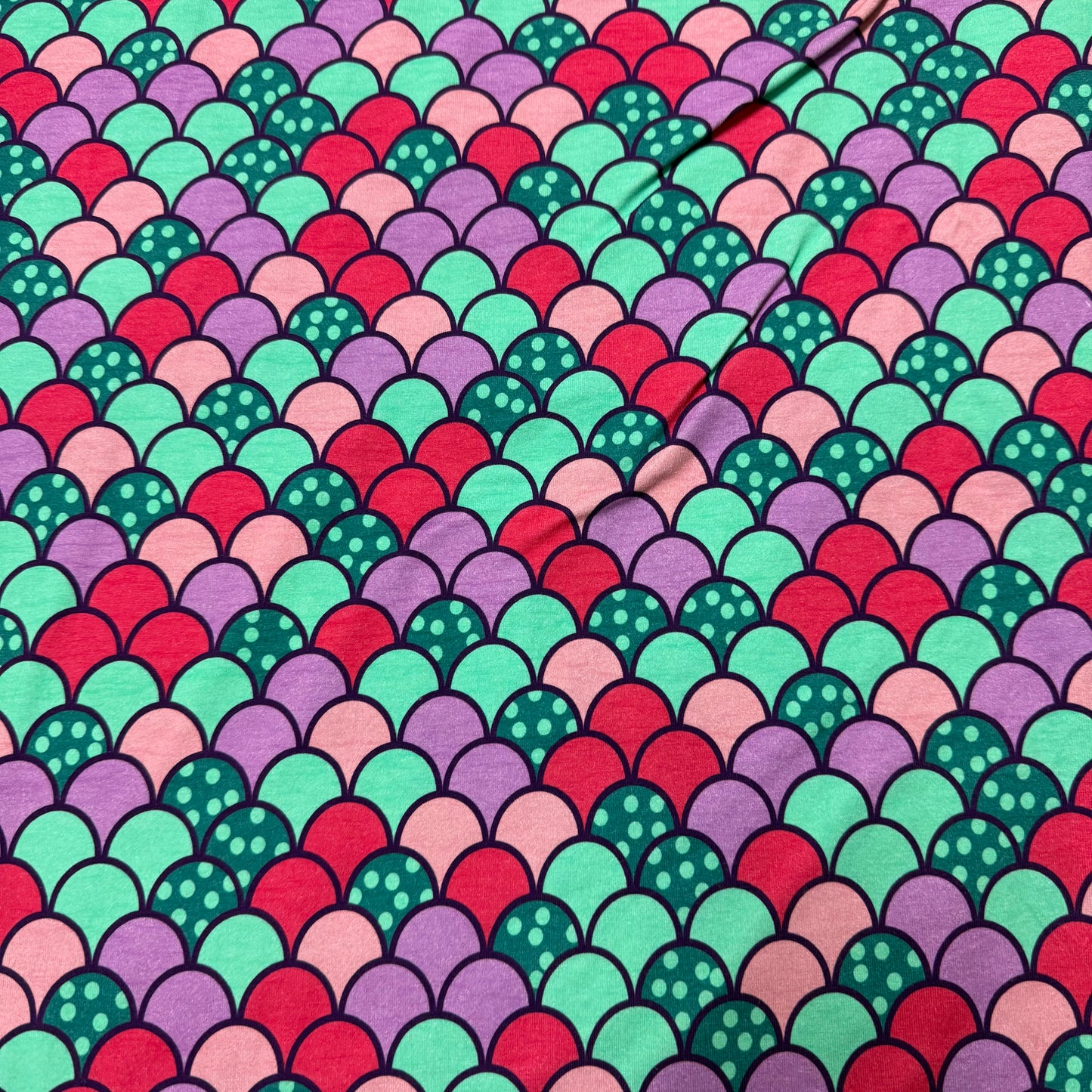Pink and Purple Scales on Cotton/Spandex Jersey Fabric