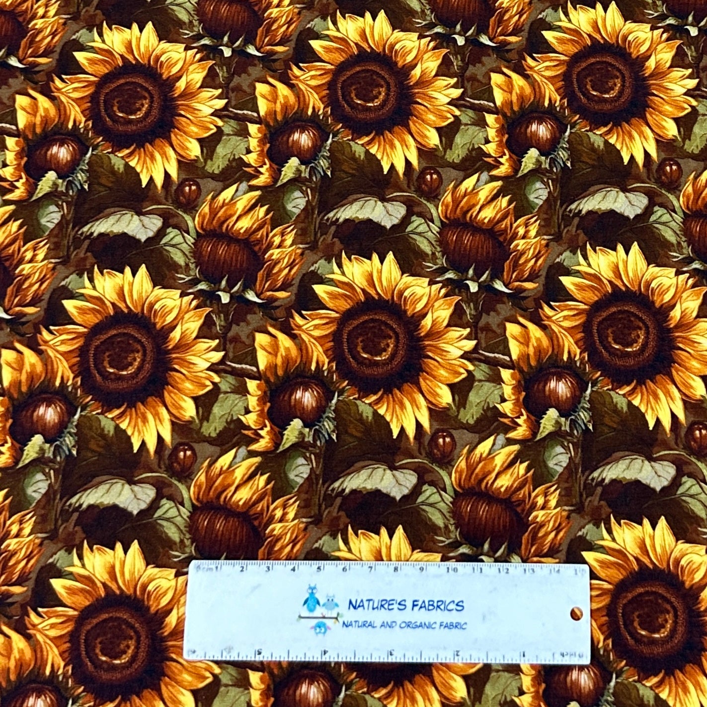 Sunflowers on Brown Bamboo Stretch French Terry Fabric