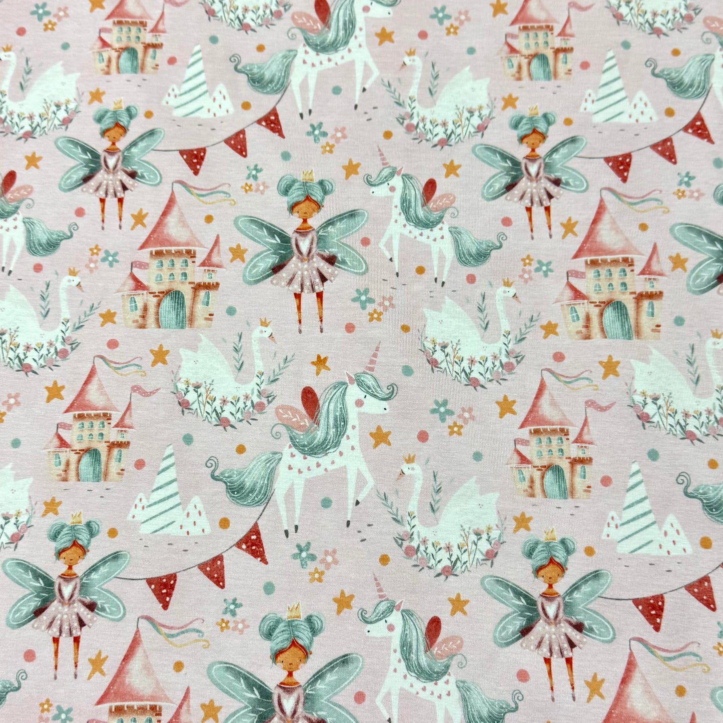 Fairy Tale on Pink Organic Cotton/Spandex Jersey Fabric