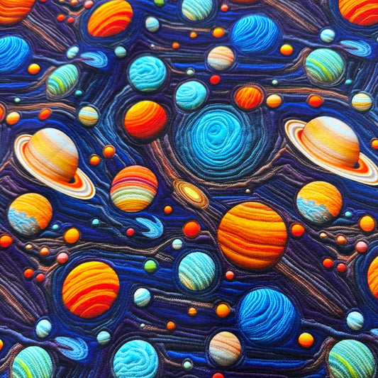 Embroidered Planets on Bamboo/Spandex Jersey Fabric