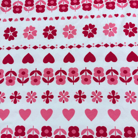 Pink Hearts and Daisies on Off White Bamboo/Spandex Jersey Fabric - Printed in the USA