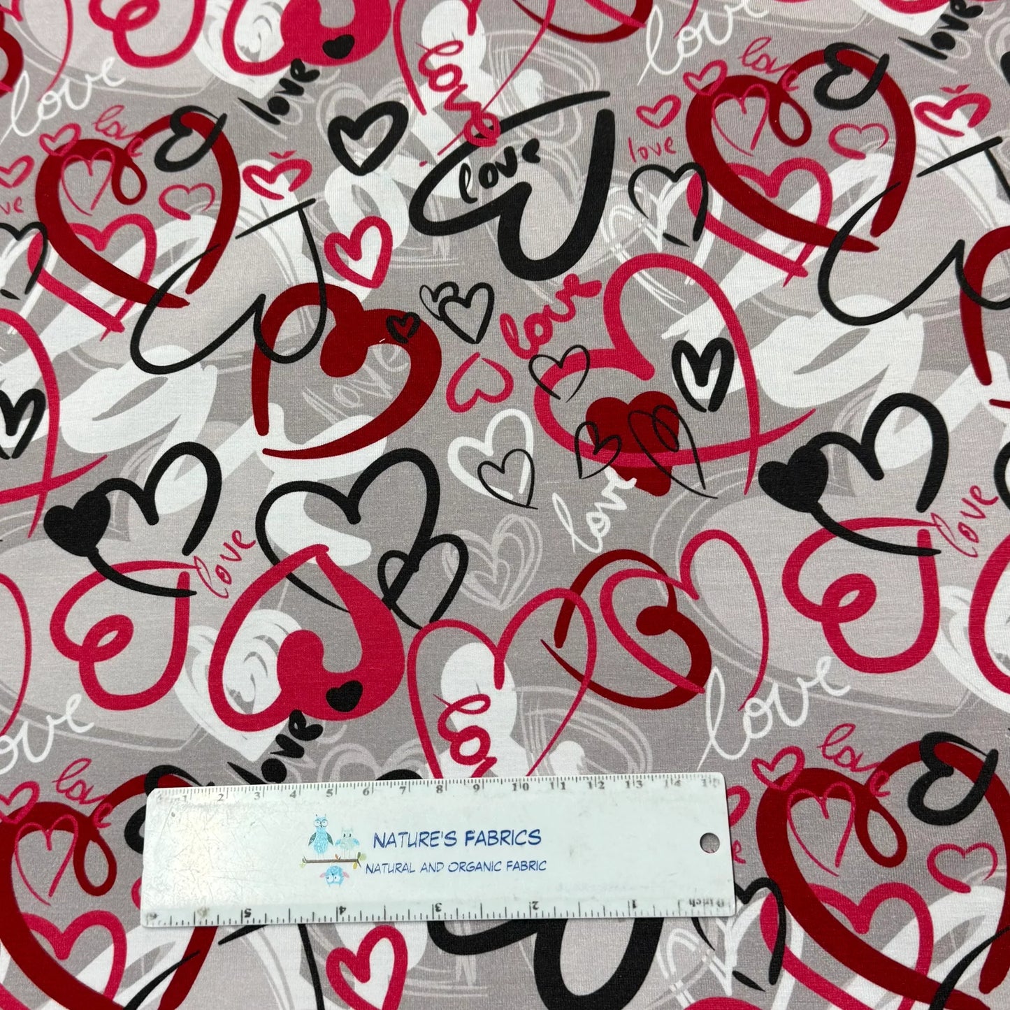 Love Hearts on Gray Bamboo/Spandex Jersey Fabric