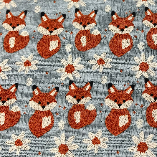 Knitted Foxes on Organic Cotton/Spandex Jersey Fabric