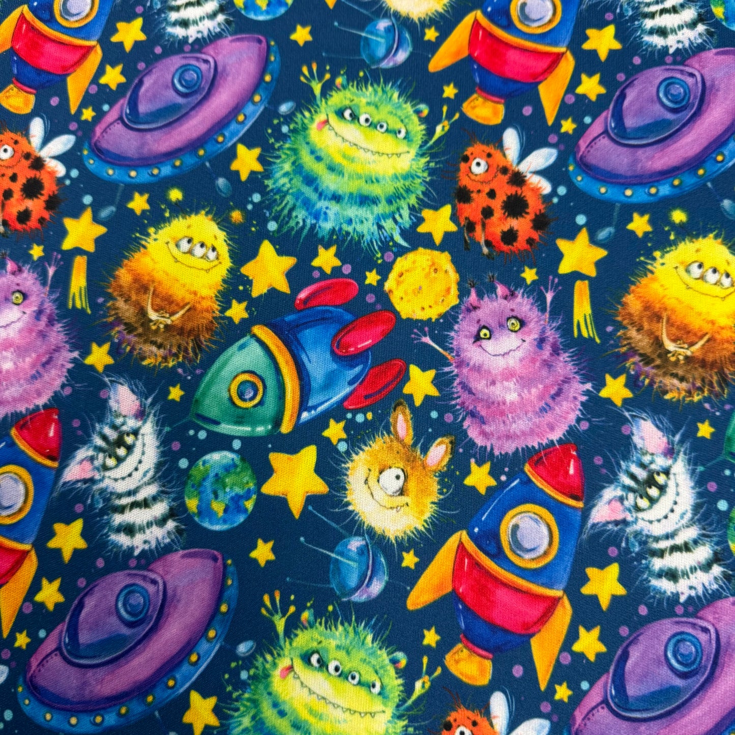 Fuzzy Monsters in Space 1 mil PUL Fabric - Made in the USA