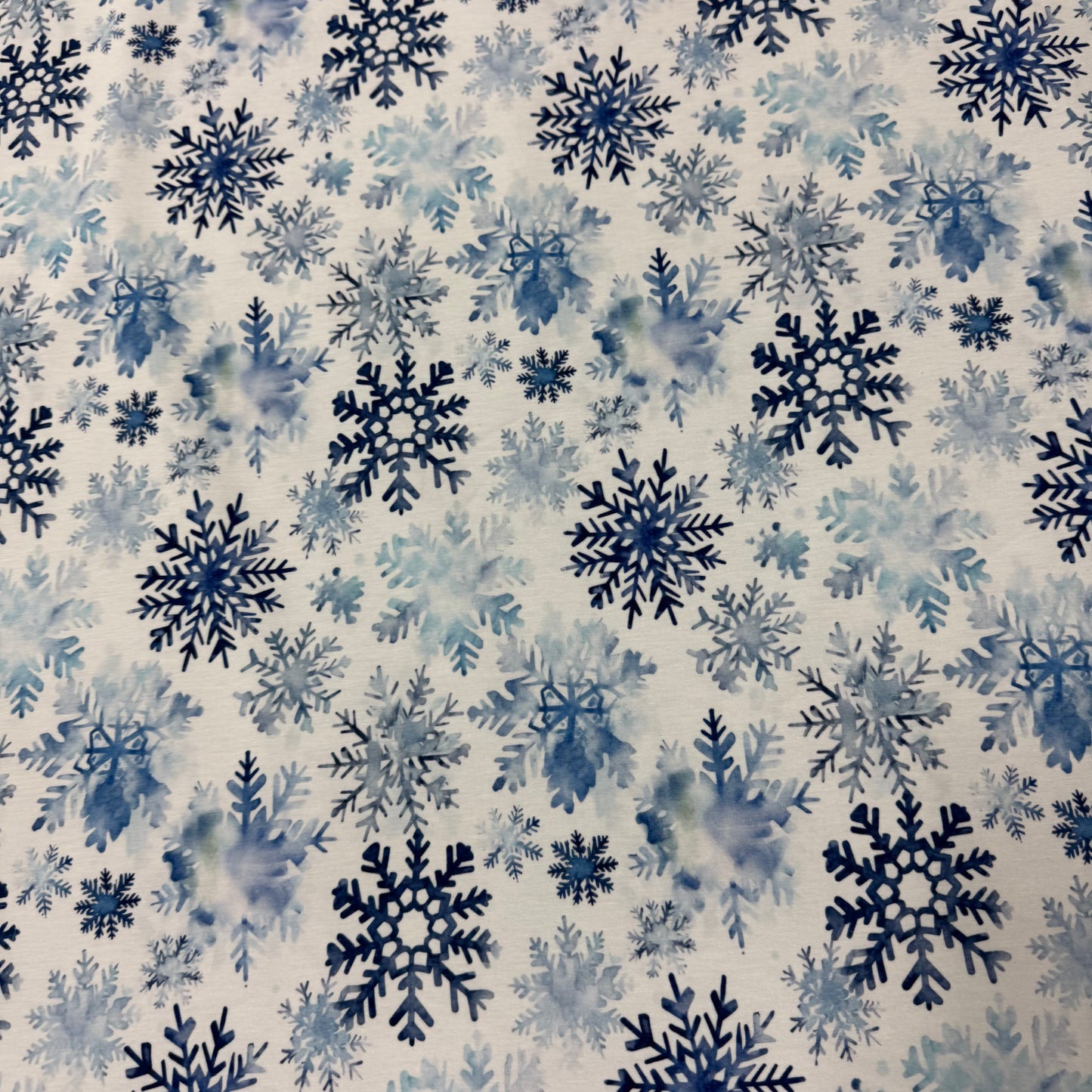 Blue Snowflakes on White Bamboo/Spandex Jersey Fabric