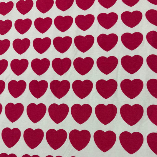 Hot Pink Hearts on Off White  Bamboo/Spandex Jersey Fabric- Printed in the USA