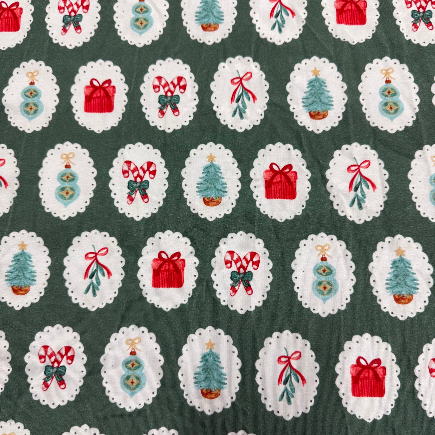 Christmas Tags on Green Bamboo/Spandex Jersey Fabric - 200 GSM