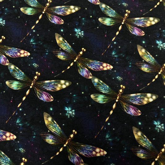 Shimmering Dragonflies on Organic Cotton/Spandex Jersey Fabric