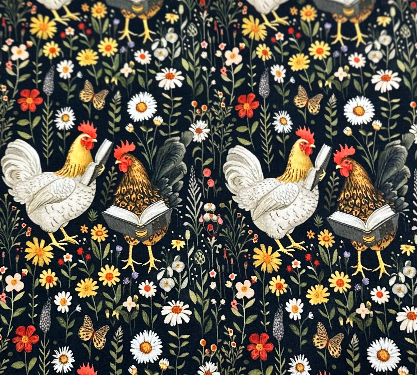 Reading Chickens on Black Floral Bamboo/Spandex Jersey Fabric