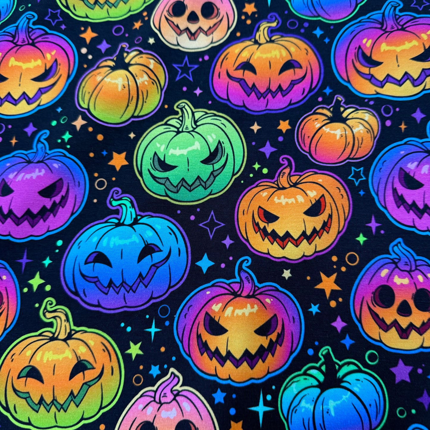 Rainbow Pumpkins and Stars on Bamboo/Spandex Jersey Fabric