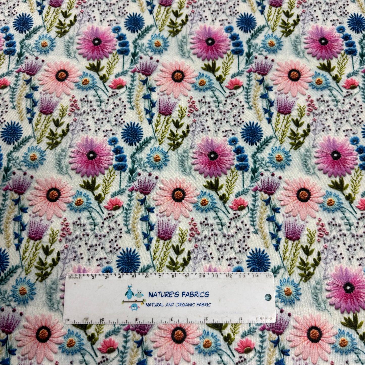 Pink Embroidered Daisies 1 mil PUL Fabric - Made in the USA