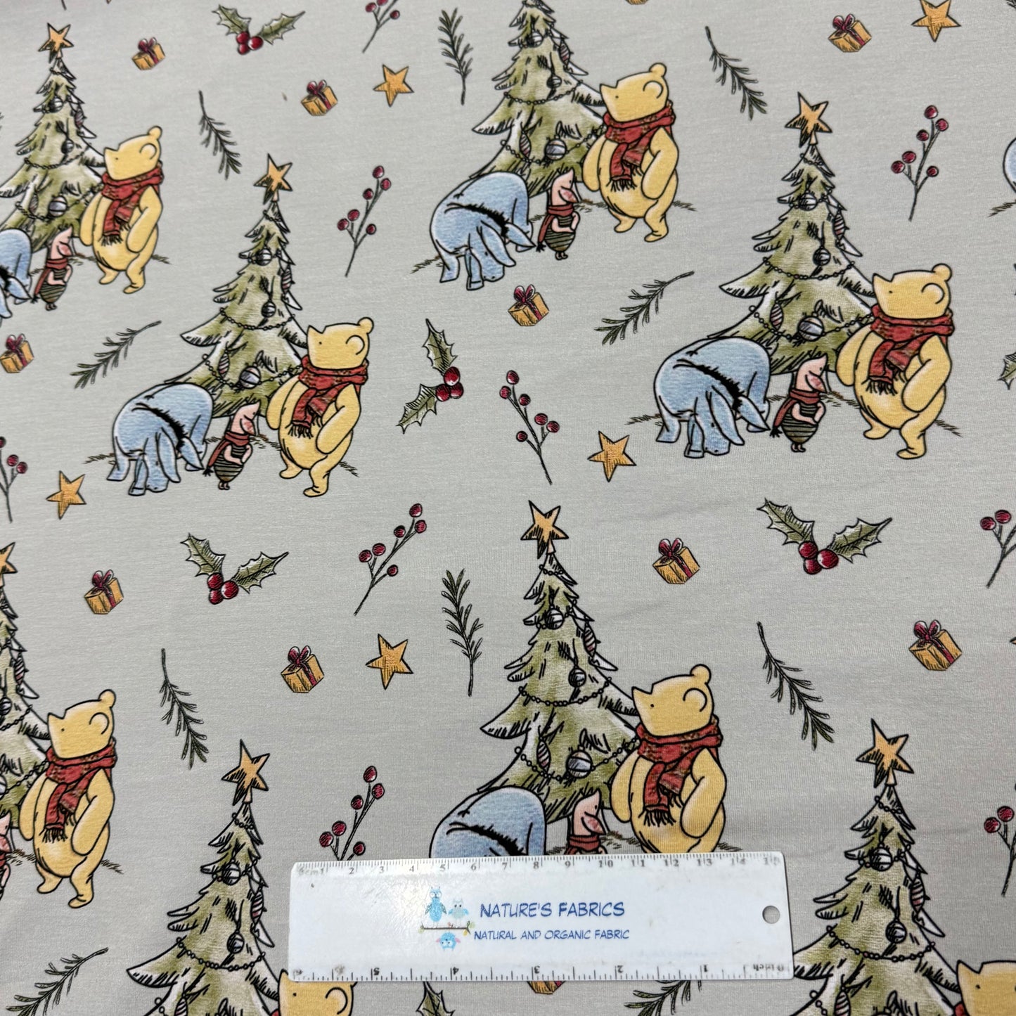 Winnie the Pooh Christmas on Green Bamboo/Spandex Jersey Fabric