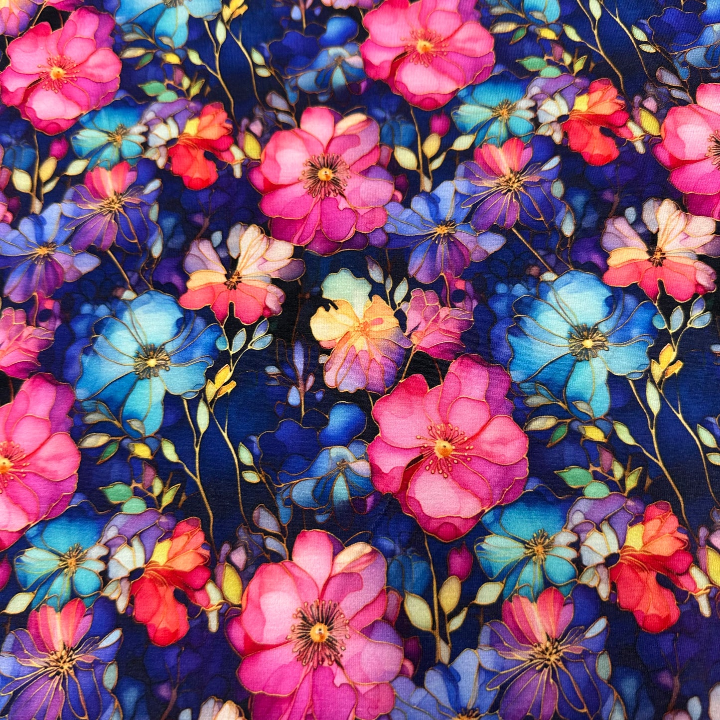 Pink and Blue Wild Roses on Bamboo/Spandex Jersey Fabric