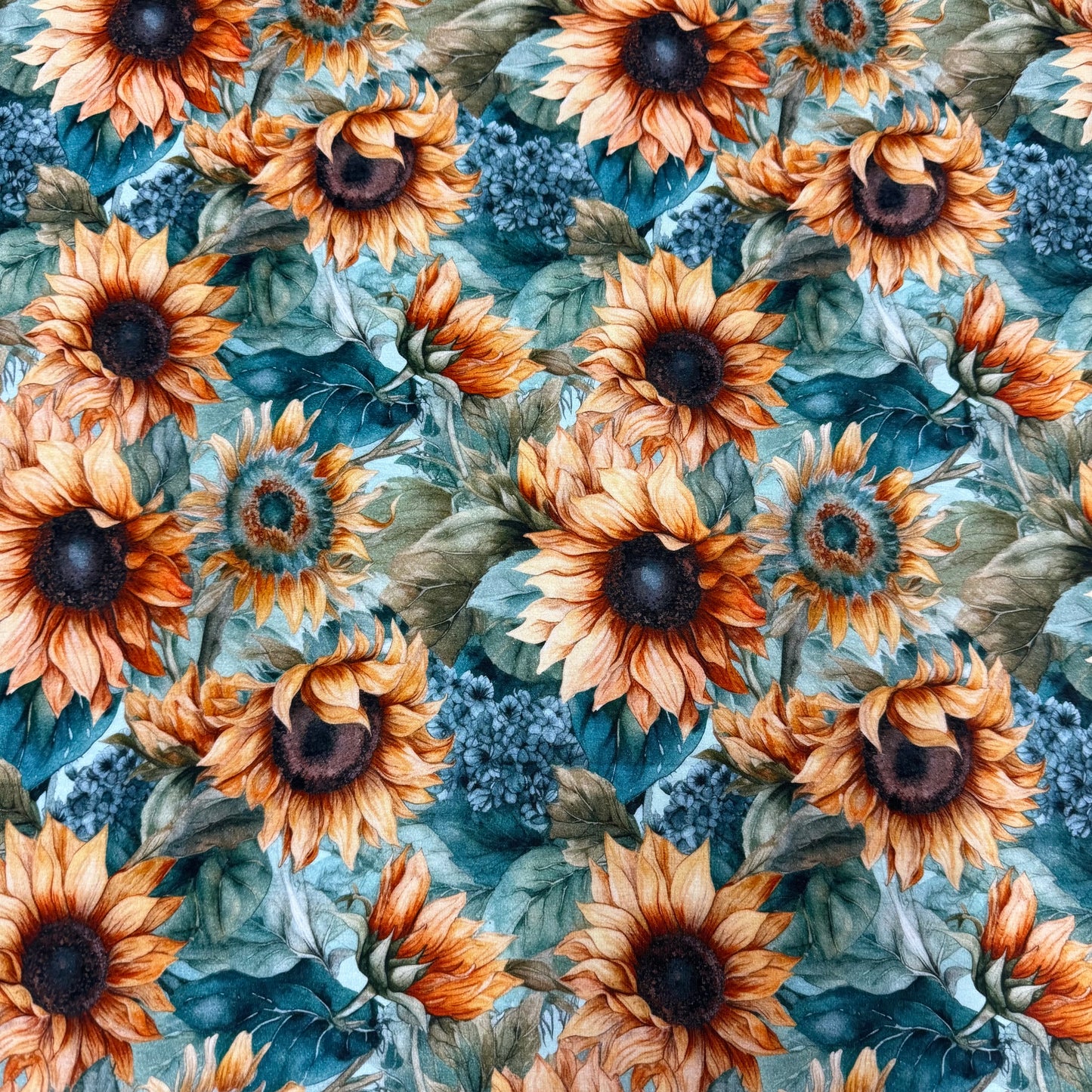 Sunflowers on Teal Bamboo/Spandex Jersey Fabric