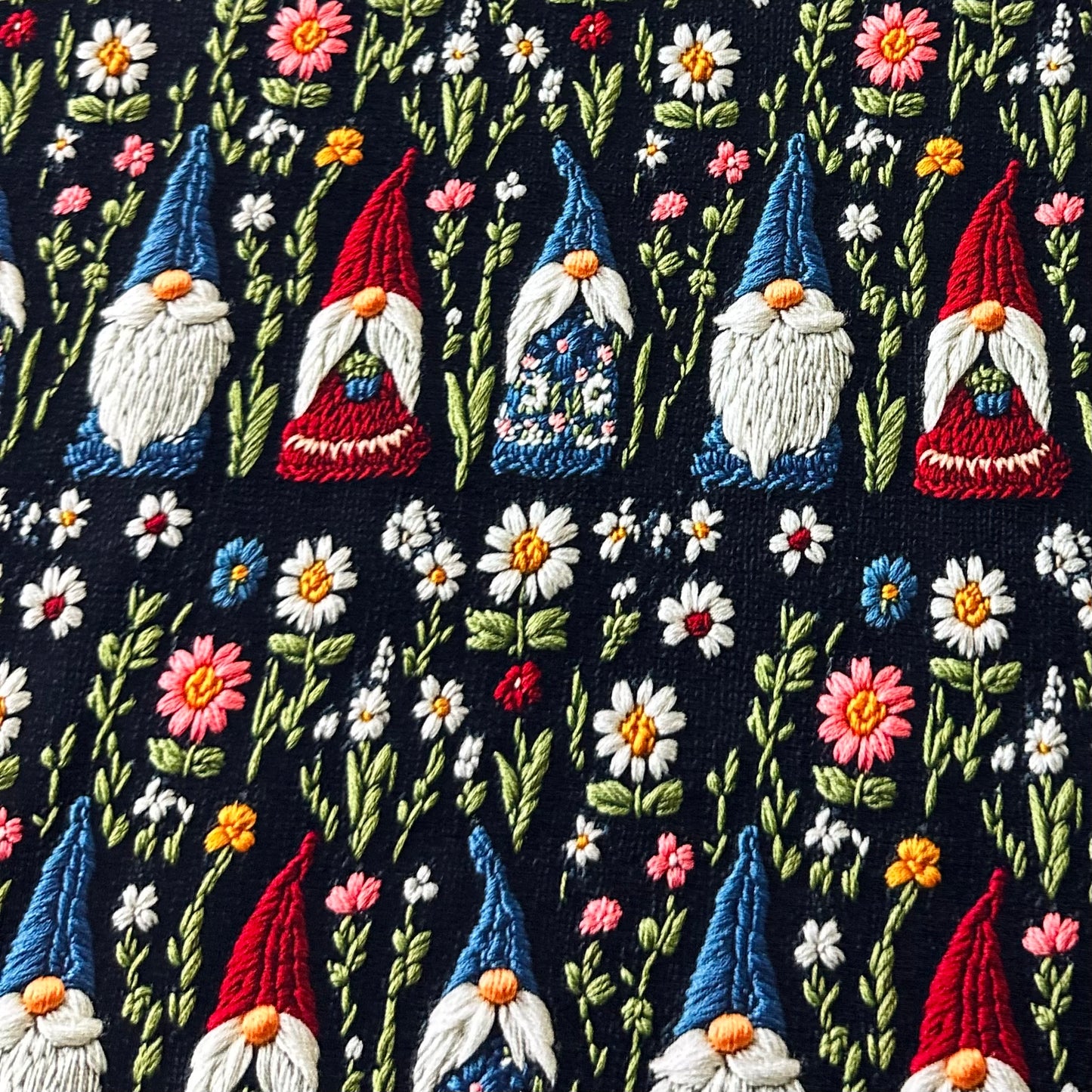 Embroidered Gnomes on Bamboo/Spandex Jersey Fabric