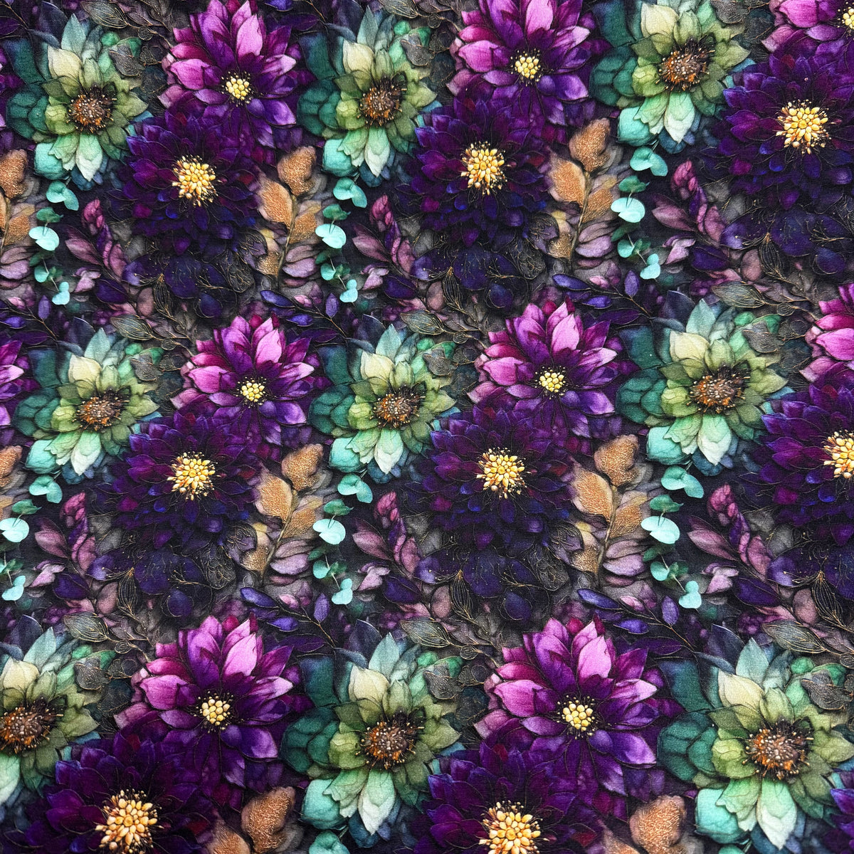 Purple and Green Waterlilies on Bamboo/Spandex Jersey Fabrics