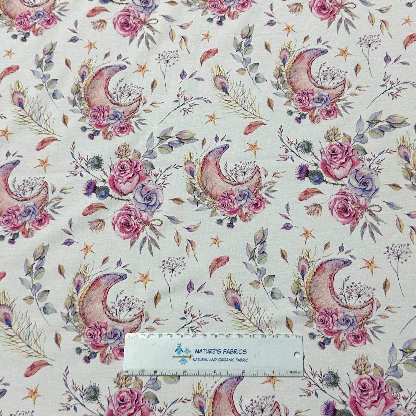 Floral Moons on White Bamboo Stretch French Terry Fabric