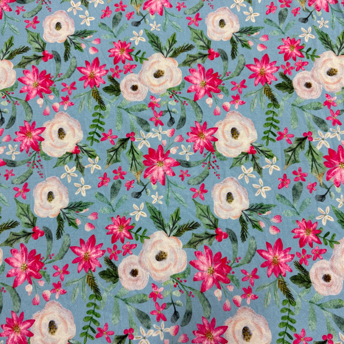 Holiday Flowers on Blue Bamboo/Spandex Jersey Fabric - 200 GSM