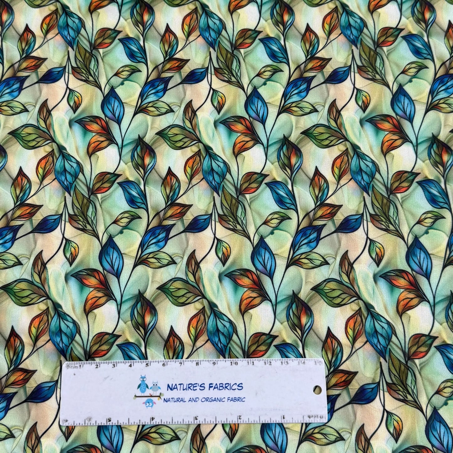Copper, Blue and Green Leaves Alcohol Ink 1 mil PUL Fabric - Made in the USA